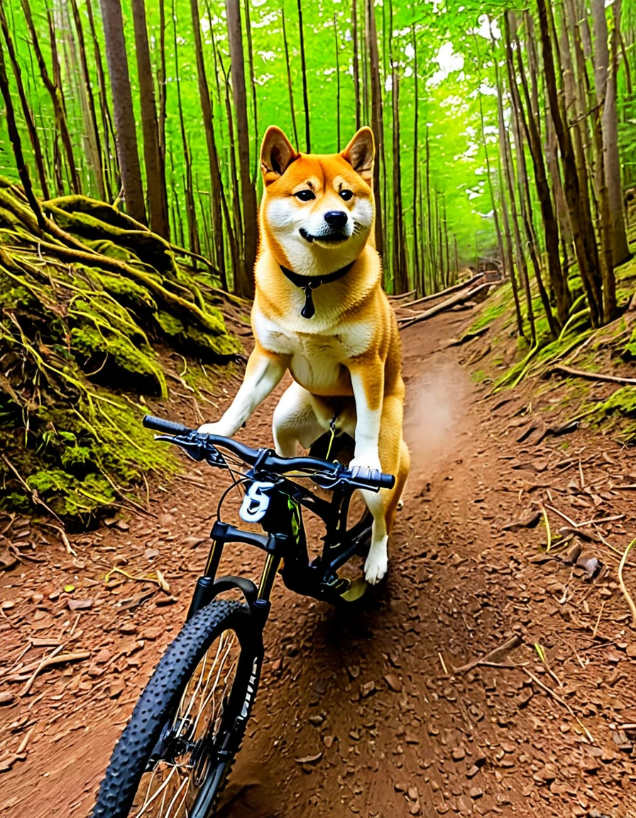 A Shiba Inu dog riding an enduro mountain bike.