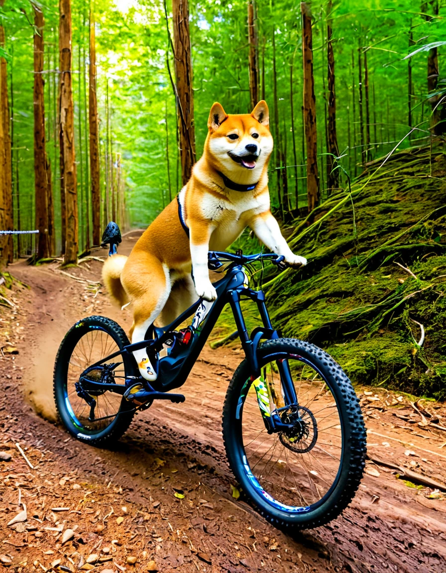 A Shiba Inu dog riding an enduro mountain bike.