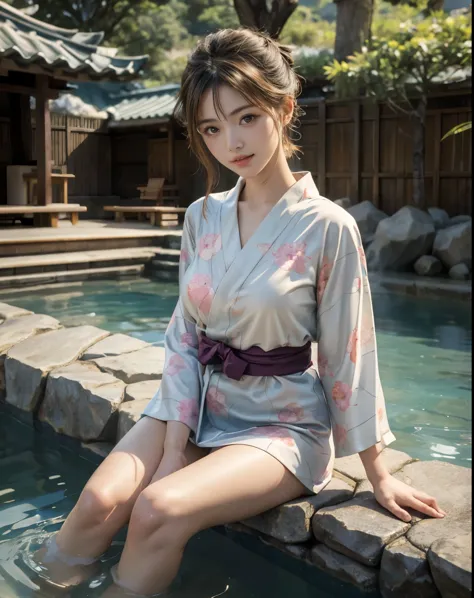 masterpiece, highest quality, realistic, 1 girl, open-air hot spring, yukata figure, i&#39;i&#39;i&#39;i&#39;m wet and my yukata...