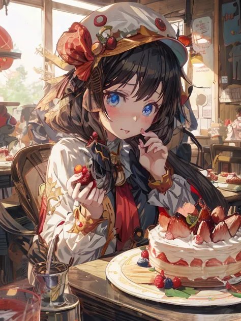 anime girl with a hat and strawberries on her head sitting at a table, kawacy, anime visual of a cute girl, cute anime girl, eat...