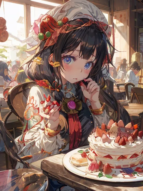 anime girl with a hat and strawberries on her head sitting at a table, kawacy, anime visual of a cute girl, cute anime girl, eat...