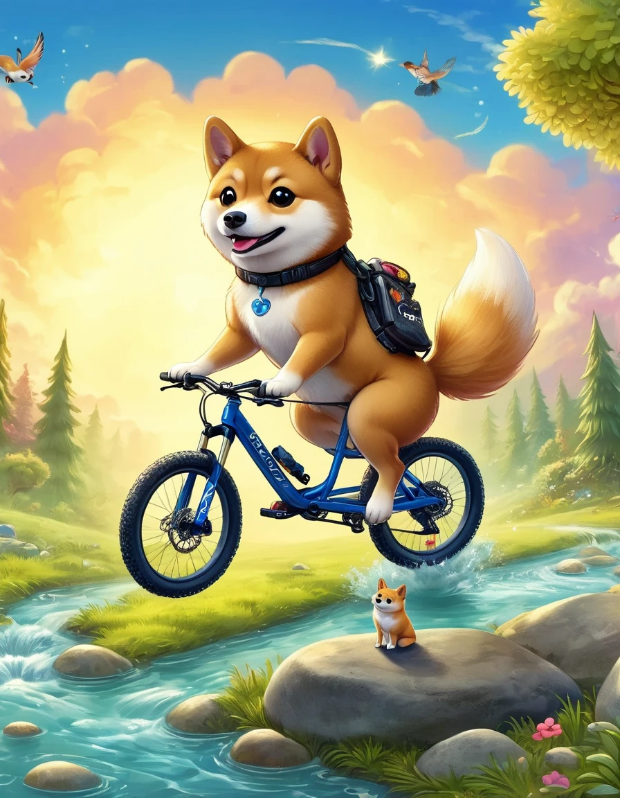 A Shiba Inu dog riding an enduro mountain bike.