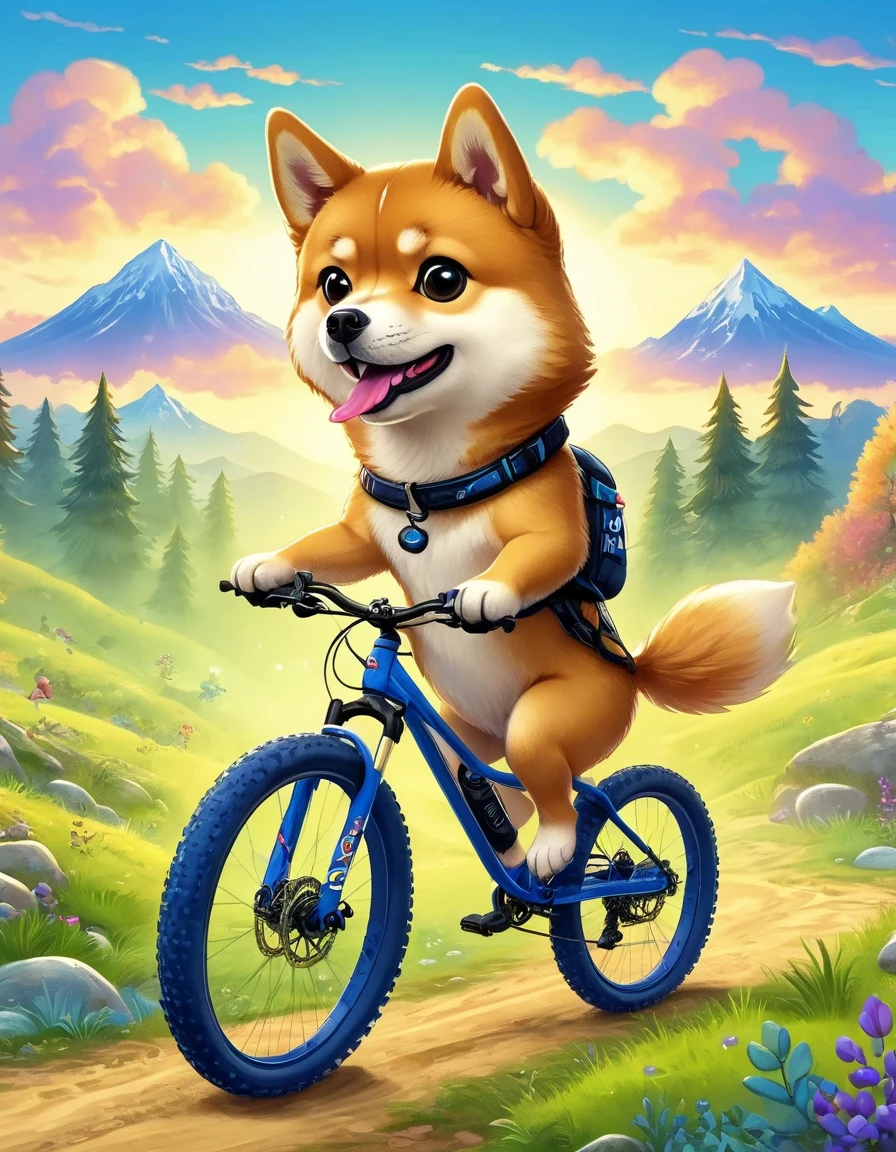 A Shiba Inu dog riding an enduro mountain bike.