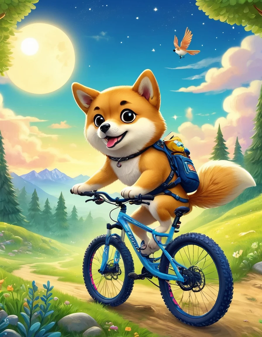 A Shiba Inu dog riding an enduro mountain bike.