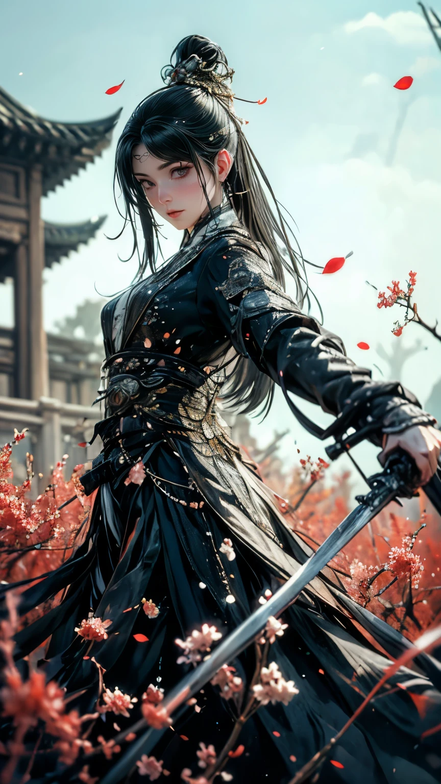 (In 8K，highest quality，masterpiece)，(Realistic，RAW Photos，Super Fine Clear)，Realistic Light，Detailed skin，Beautiful woman，((25-year-old female, Beautiful assassin:1.5)),Thin legs、fine grain，Long Hair, Detailed fingers、thin、Sexual，Ecstasy Facial Expressions,garden, Camellia,Flower Storm, Super big , Bouncy and firm bust