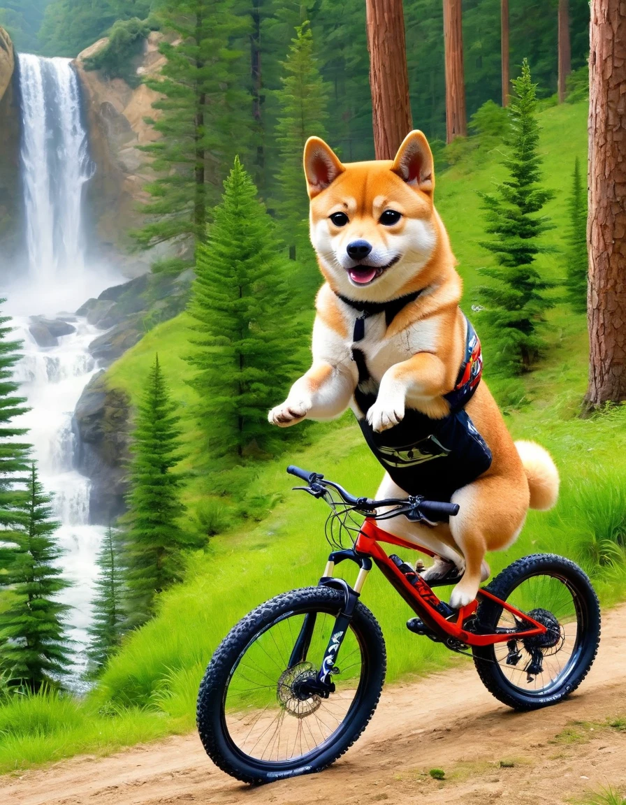 A Shiba Inu dog riding an enduro mountain bike.