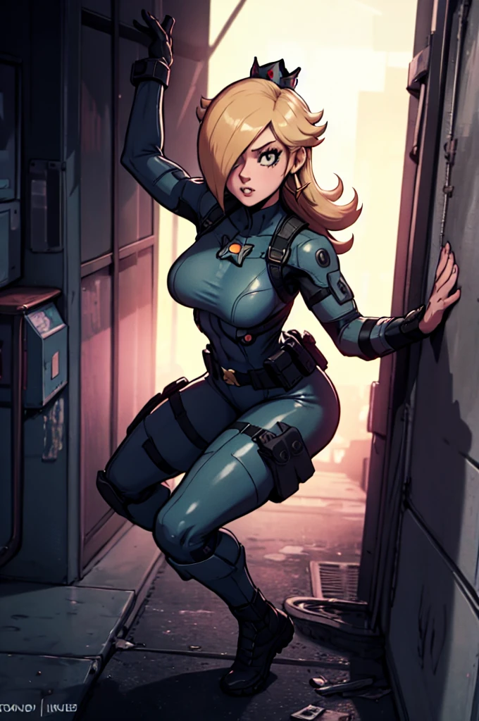 rosalina reimagined as a female solide snake frome metal gear solid, full body, action pose, on infiltration scene, tactical gear,