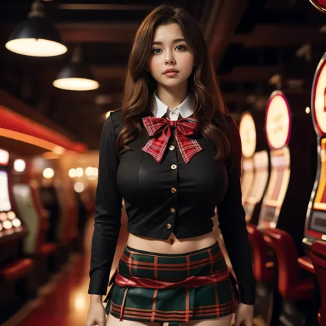 Young and beautiful woman、(Tartan check mini skirt:1.5)、White shirt、A bow tie、Casino Clerk、In the aisle lined with slot machiney...