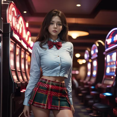 young and beautiful woman、(slouch)、(tartan check mini skirt:1.5)、white shirt、a bow tie、casino clerk、in the aisle lined with slot...