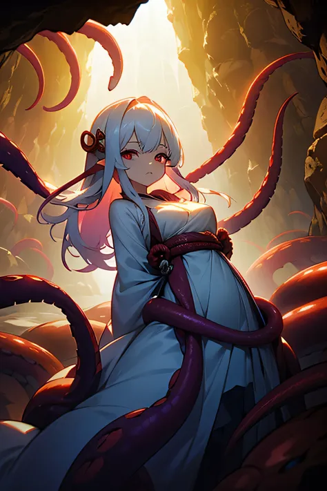 ((masterpiece)), ((highest quality)), (Very detailed),(In the cave),(monster),(((Numerous tentacles wrapped around the body))),pretty girl, One Girl, alone, (White Japanese style dress),((Many tentacles bind his arms)), ((Thin waist)),Large Breasts, slim, ...