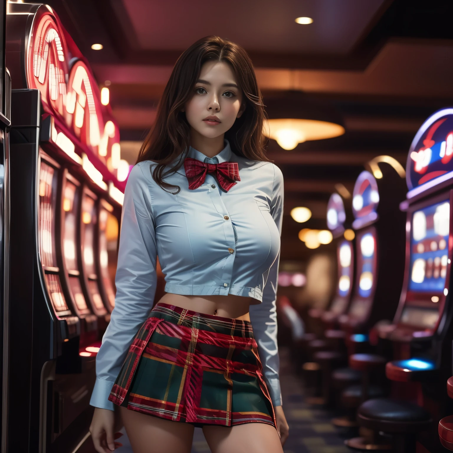 Mujer joven y hermosa、(Flexible)、(Minifalda cuadros tartán:1.5)、Camisa blanca、Una corbata de lazo、empleado de casino、En el pasillo lleno de máquinas tragamonedas.、disparando desde el costado、mujer mynatalee、cr1r3、ahud、pechos enormes