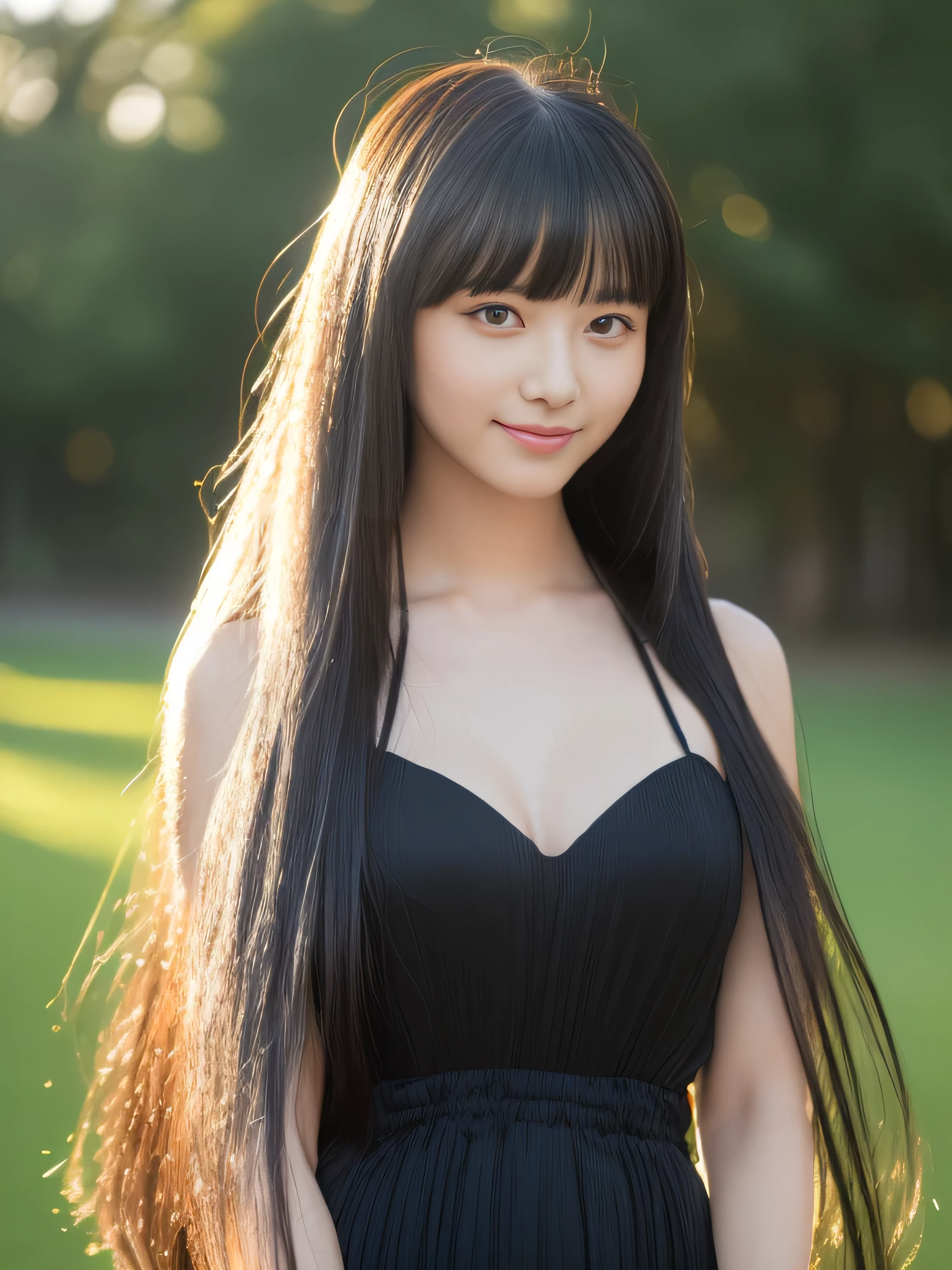 A close up of a woman with long hair wearing a black dress - SeaArt AI