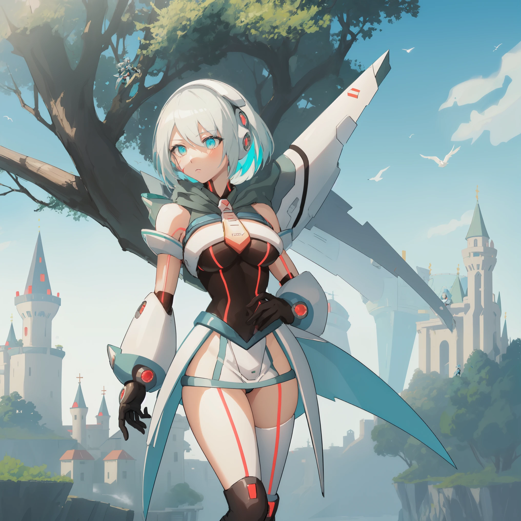 ico_megamanxdive, 1girl, blue eyes, solo, white hair, android, large breasts, black gloves, short hair, thighhighs, necktie, high quality, masterpiece, standing next to a swamp and castle surrounded by mist, outdoors, tree, solo, from behind, bird, facing away, scenery