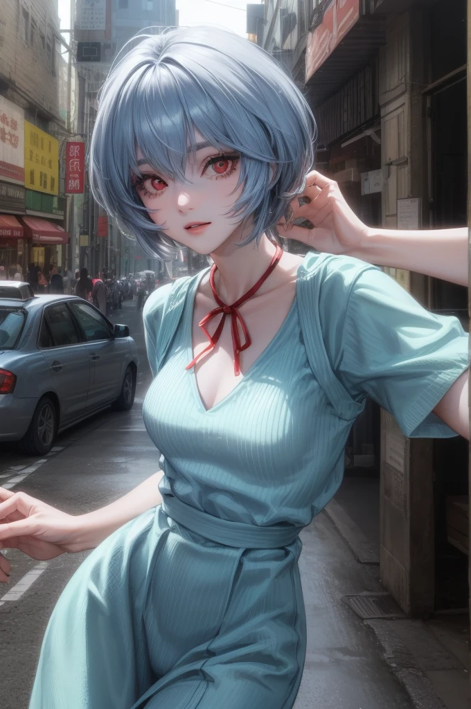 1 GIRL, reiayanami, rei ayanami, blue hair, short hair, (red eyes:1.5), ultra realistic, REALISTIC, Ultra detailed, More detailed, Japan city scenaries, Random scenaries japan, BREAK blue dress, dress, neck ribbon, pinafore dress, red ribbon, ribbon, , short sleeves, short-sleeved sweater, sweater, BREAK outdoors, city, BREAK looking at viewer, BREAK (masterpiece:1.2), best quality, high resolution, unity 8k wallpaper, (illustration:0.8), (beautiful detailed eyes:1.6), extremely detailed face, perfect lighting, extremely detailed CG, (perfect hands, perfect anatomy),