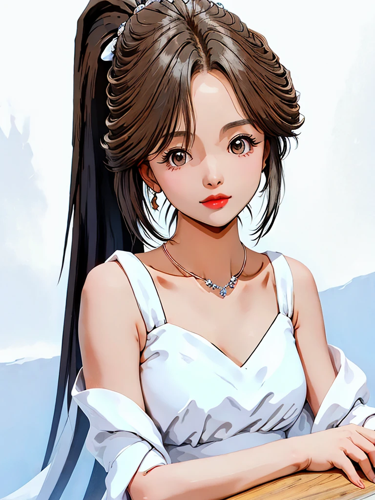 1girl, solo, looking at viewer, black hair, dress, bare shoulders, jewelry, ponytail, necklace, white dress, lips, ring