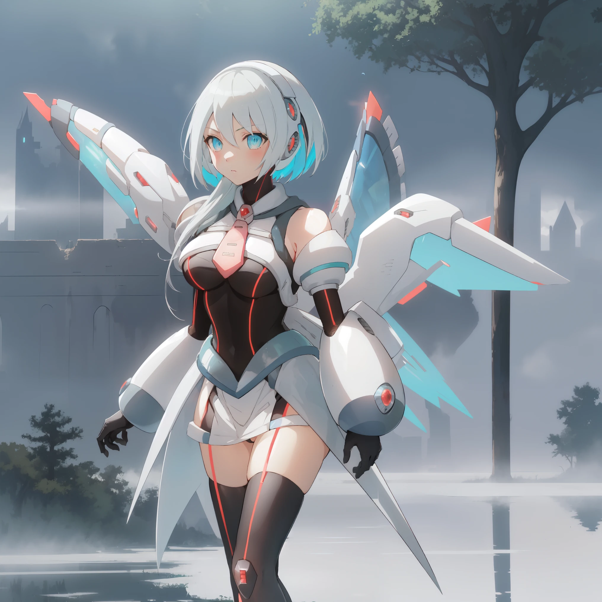 ico_megamanxdive, 1girl, blue eyes, solo, white hair, android, large breasts, black gloves, short hair, thighhighs, necktie, high quality, masterpiece, standing next to a swamp and castle surrounded by mist, outdoors, tree, solo, from behind, bird, facing away, scenery