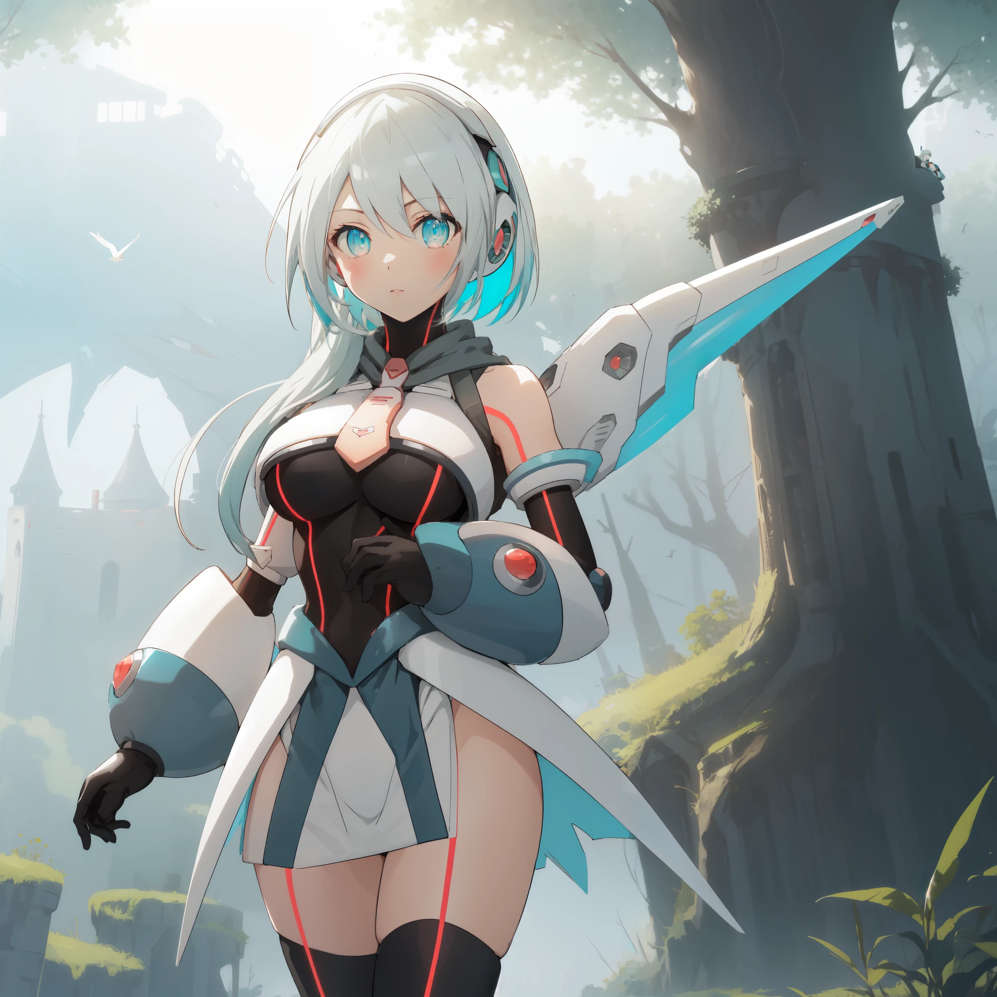 ico_megamanxdive, 1girl, blue eyes, solo, white hair, android, large breasts, black gloves, short hair, thighhighs, necktie, high quality, masterpiece, standing next to a swamp and castle surrounded by mist, outdoors, tree, solo, from behind, bird, facing away, scenery