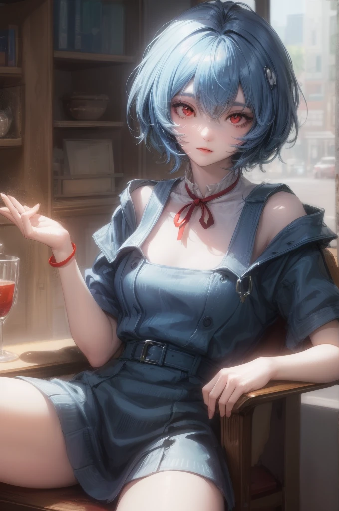 1 Mädchen, Reiayanami, rei ayanami, Blaue Haare, Kurzes Haar, (rote Augen:1.5), ultra-realistisch, realistisch, Extrem detailliert, genauer, Japan Stadt scenaries, Zufällige Szenarien Japan, brechen blue Kleid, Kleid, neck Schleife, pinafore Kleid, red Schleife, Schleife, , kurze Ärmel, short-sleeved Pullover, Pullover, brechen outdoors, Stadt, brechen looking at viewer, brechen (Meisterwerk:1.2), beste Qualität, Hohe Auflösung, Einheit 8k Hintergrundbild, (Illustration:0.8), (Schöne, detaillierte Augen:1.6), extrem detailliertes Gesicht, Perfekte Beleuchtung, extrem detaillierte CG, (perfekte Hände, Perfekte Anatomie),