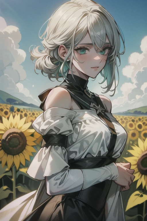 ((ultra detaild, work of art, best qualityer))
 W3Ciri, 1 girl, standing alone, White hair, greeneyes, scar on the face, surrounded by sunflowers in a bright field, smiling, glad