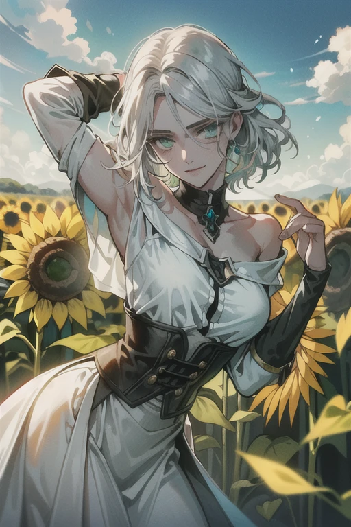 ((ultra detaild, work of art, best qualityer))
 W3Ciri, 1 girl, standing alone, White hair, greeneyes, scar on the face, surrounded by sunflowers in a bright field, smiling, glad