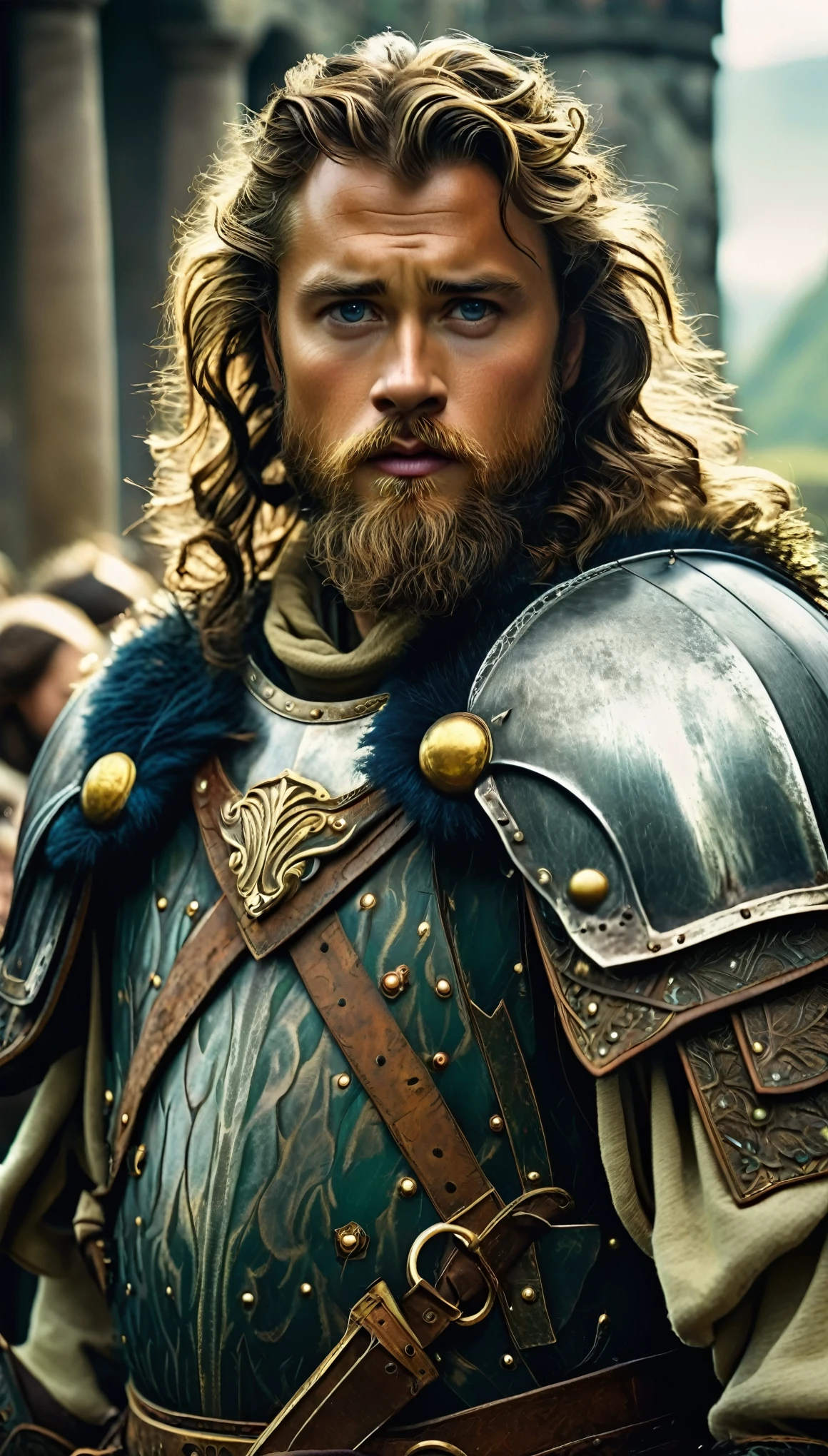 with high definition images，A scene from the movie King Arthur，A full-body portrait of a 30-year-old male character emerges within a bronze frame。Dark brown soulful eyes、Looks great on light skin tones、With an unwavering, cheerful expression。His curly brown hair、In all its glory、It frames a generous, plump complexion.。A leafy beard adorns his pronounced jawline.、It adds a masculine touch to his features.。Hall of the Dwarf King々The characters wearing costumes、He wears intricately detailed clothing adorned with splashes of vibrant color reminiscent of Arthurian legend