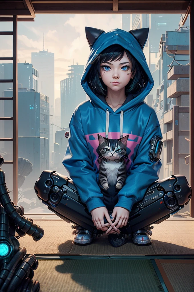 Create a vibrant dark fantasy cute ninja cat in a minimalist cartoon style., Octane render, 8K. hand holding a cherry. (Super ninja cat, cyberpunk), (blue), (Cute cartoon, CuteCartoonAF. | Masterpiece in maximum resolution 16K. | (cute cartoon style). | front view (loner, charming) , (meditating in a spacious Japanese pavilion), ( wear a fashionable hoodie), ((mechanical cyberpunk)). |(((soft smile, looking at the viewer))), (bright blue eyes).