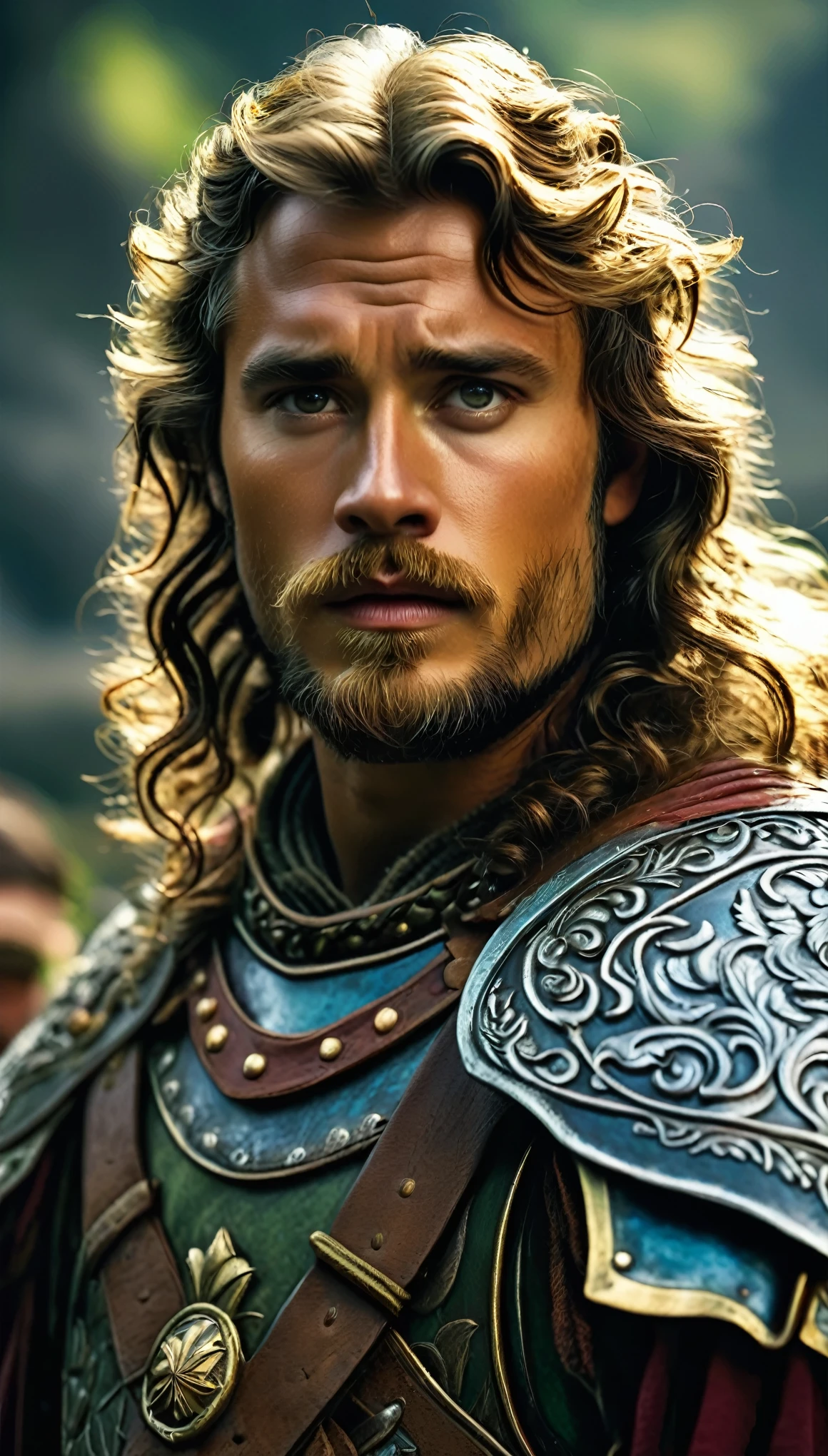 with high definition images，A scene from the movie King Arthur，A full-body portrait of a 30-year-old male character emerges within a bronze frame。Dark brown soulful eyes、Looks great on light skin tones、With an unwavering, cheerful expression。His curly brown hair、In all its glory、It frames a generous, plump complexion.。A leafy beard adorns his pronounced jawline.、It adds a masculine touch to his features.。Hall of the Dwarf King々The characters wearing costumes、He wears intricately detailed clothing adorned with splashes of vibrant color reminiscent of Arthurian legend