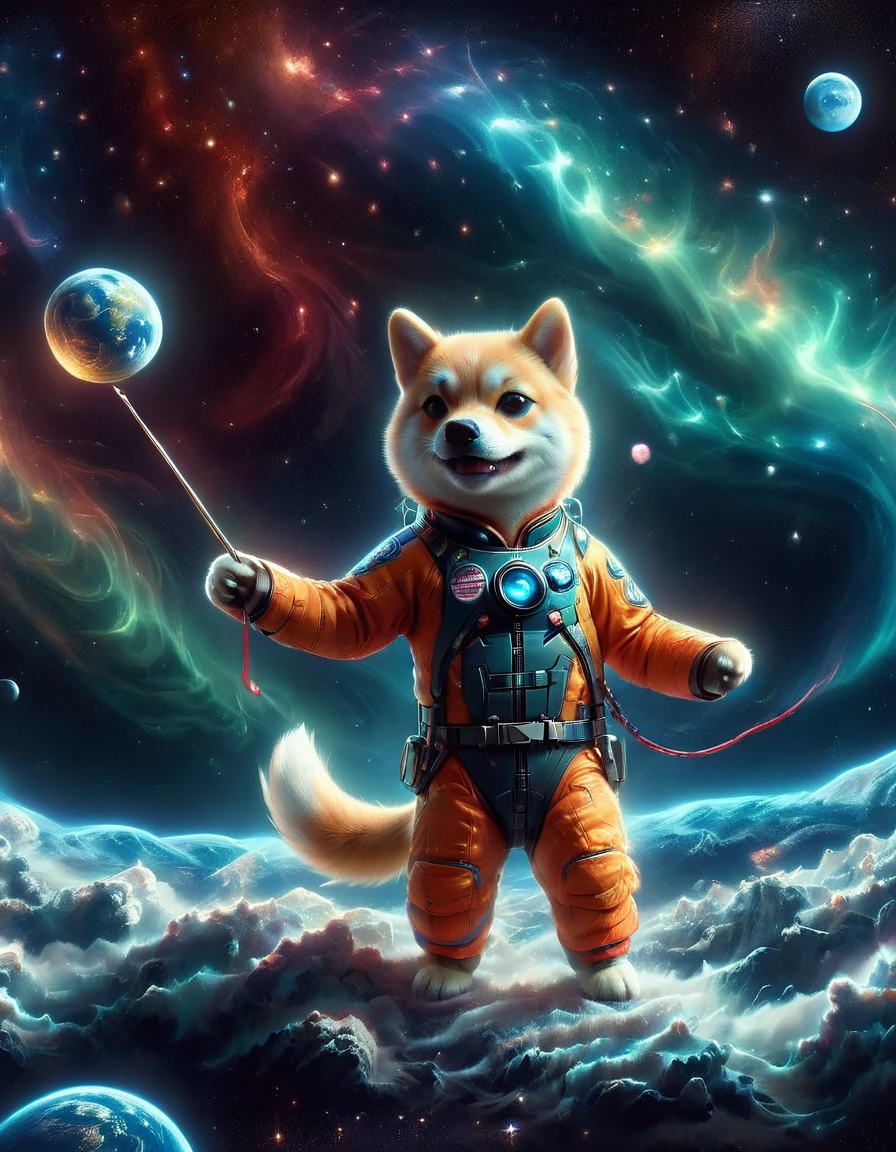 3D photograph of a charming Shiba Inu donned in a spacesuit, grasping a flag in its paw, standing assertive atop the moon's cratered surface. The enchanting planetary perspective showcases Earth in the distant cosmic backdrop, illuminated vibrantly. The image, taken with a high-resolution satellite camera, captures the whimsical juxtaposition of an adorable domestic dog amidst the awe-inspiring vastness of space, encapsulating the essence of playful space exploration in haute definition.