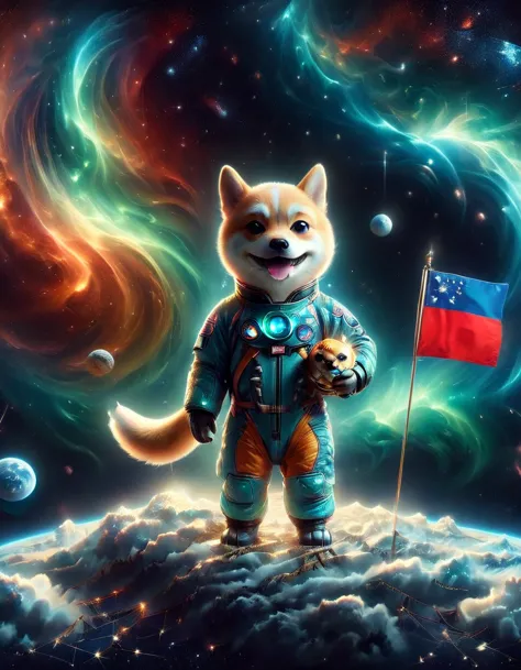 3D photograph of a charming Shiba Inu donned in a spacesuit, grasping a flag in its paw, standing assertive atop the moon's crat...
