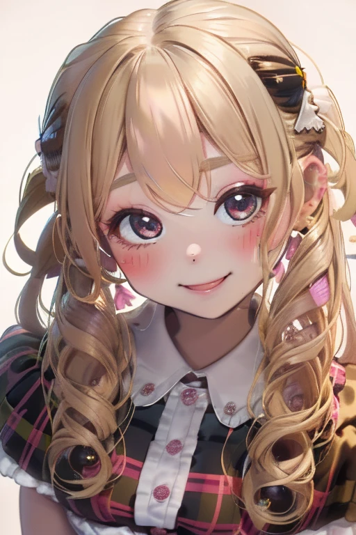 girl,cute,(blonde:1.2),(long hair with curls,:1.2),(With bangs),(Eye size:1.5),(Plaid Dresses:1.3(Beehive-shaped hair ornament:1.3),(smile:1.15),(Face close-up:1.2),(blush:1.2),