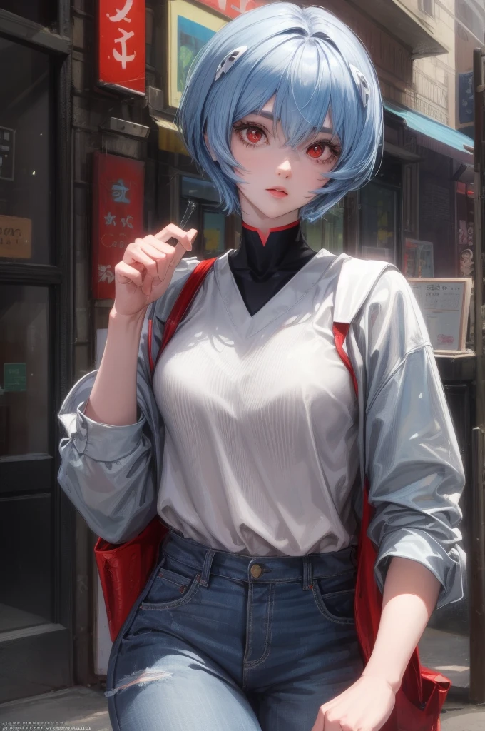 女の子1人, レイヤナミ, Rei Ayanami, 青い髪, ショートヘア, (赤い目:1.5), 超リアル, 現実的, 超詳細, より詳細な, Japan 市 scenaries. ランダムな風景 日本, カジュアルな服装, 壊す outdoors, 市, 壊す looking at viewer, 壊す (傑作:1.2), 最高品質, 高解像度, ユニティ 8k 壁紙, 光子が写真を通過する, (図:0.8), (美しい細部までこだわった目:1.6), 非常に詳細な顔, 完璧な照明, 非常に詳細なCG, (完璧な手, 完璧な解剖学),