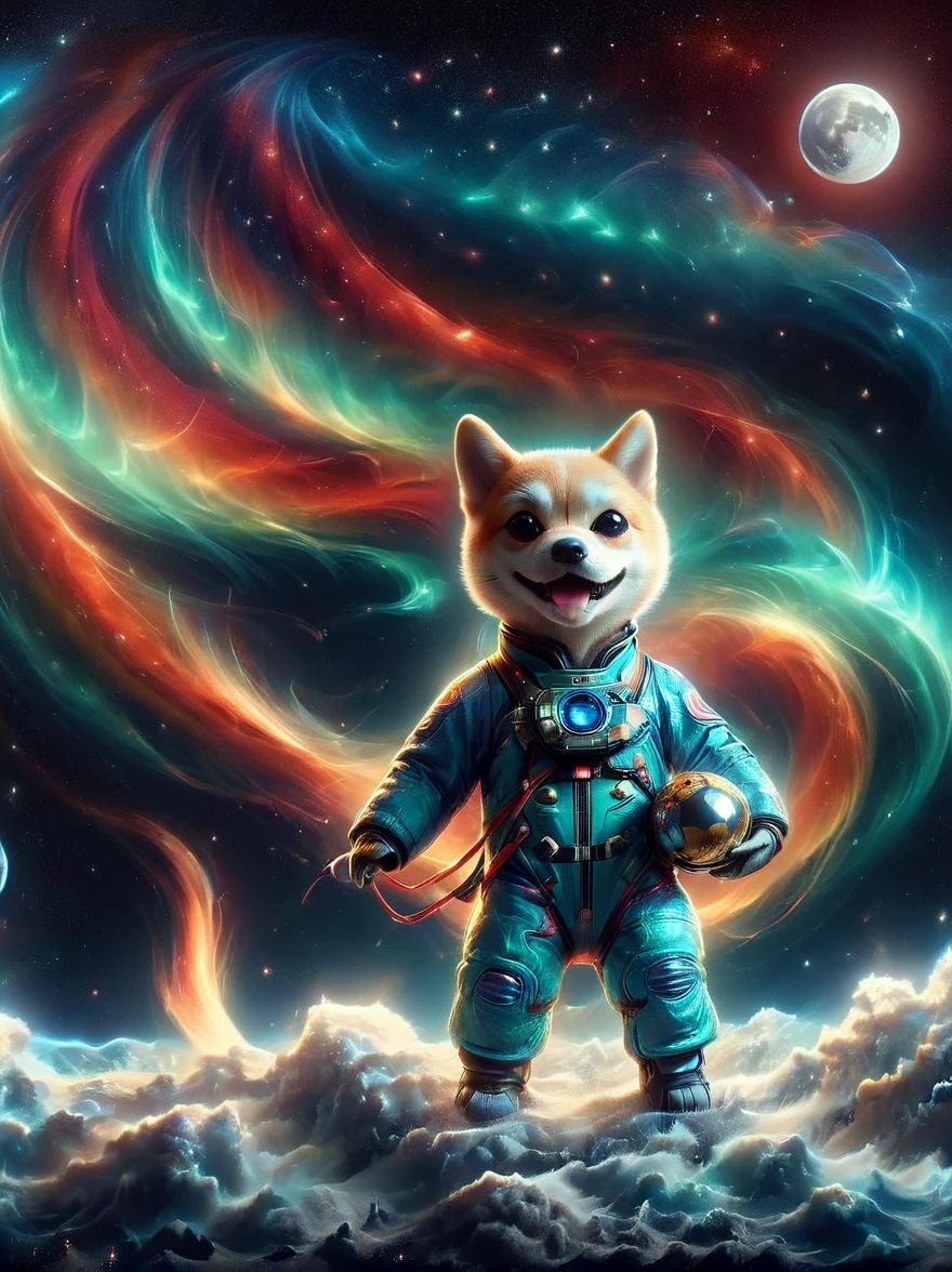 3D photograph of a charming Shiba Inu donned in a spacesuit, grasping a flag in its paw, standing assertive atop the moon's cratered surface. The enchanting planetary perspective showcases Earth in the distant cosmic backdrop, illuminated vibrantly. The image, taken with a high-resolution satellite camera, captures the whimsical juxtaposition of an adorable domestic dog amidst the awe-inspiring vastness of space, encapsulating the essence of playful space exploration in haute definition.