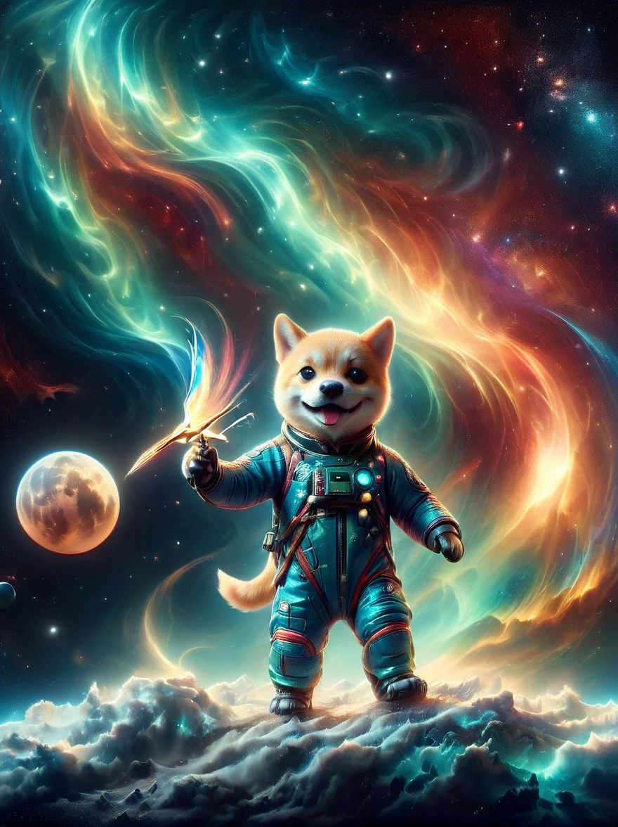 Fotografia 3D de um encantador Shiba Inu vestido com um traje espacial, segurando uma bandeira na pata, permanecendo assertivo no topo da superfície cheia de crateras da lua. A encantadora perspectiva planetária mostra a Terra no distante cenário cósmico, iluminado vibrantemente. A imagem, tirada com uma câmera de satélite de alta resolução, captura a justaposição caprichosa de um adorável cão doméstico em meio à imponente vastidão do espaço, encapsulando a essência da exploração espacial lúdica em alta definição.