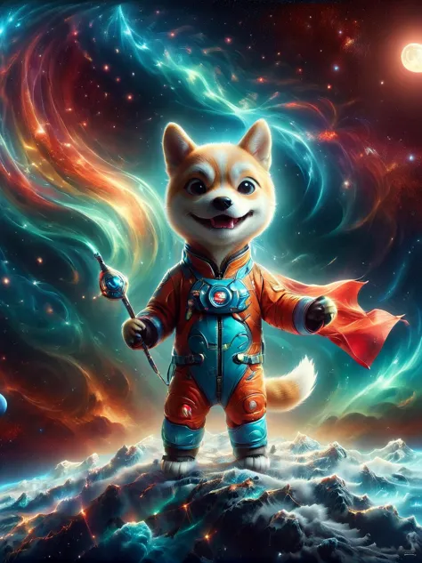 3d photograph of a charming shiba inu donned in a spacesuit, grasping a flag in its paw, standing assertive atop the moon's crat...