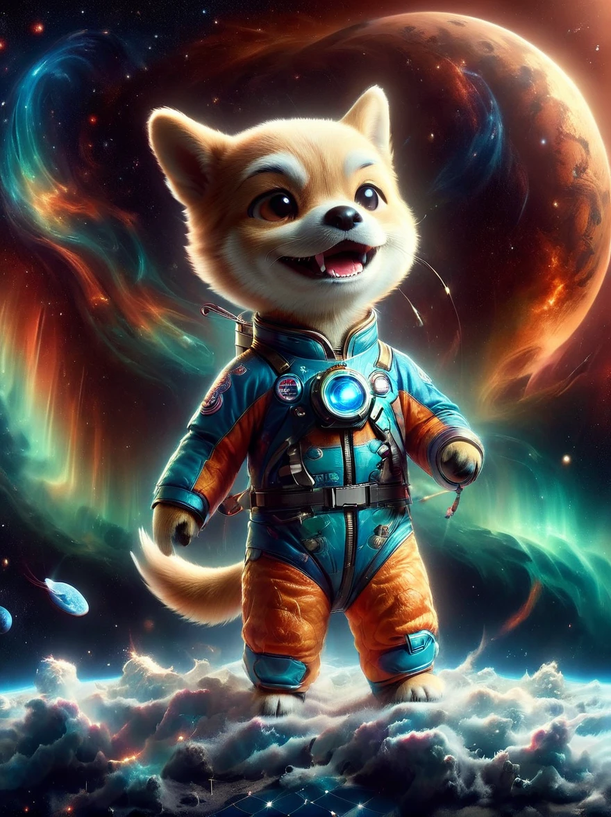 3D photograph of a charming Shiba Inu donned in a spacesuit, grasping a flag in its paw, standing assertive atop the moon's cratered surface. The enchanting planetary perspective showcases Earth in the distant cosmic backdrop, illuminated vibrantly. The image, taken with a high-resolution satellite camera, captures the whimsical juxtaposition of an adorable domestic dog amidst the awe-inspiring vastness of space, encapsulating the essence of playful space exploration in haute definition.