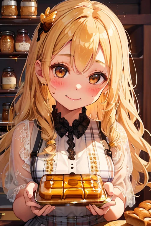 girl,cute,(blonde:1.2),(long hair with curls,:1.2),(With bangs),(Eye size:1.5),(Plaid Dresses:1.3),(A dress with lots of lace:1.35),(Honey garnish:1.4),(🍯:1.5),(A lot of honey dripping:1.4),(Beehive-shaped hair ornament:1.3),(smile:1.15),(Face close-up:1.2),(blush:1.2),(girl in glass bottle:1.4),(Browsing Caution),(Honey Toast:1.3),(A lot of bread is lined up:1.5)