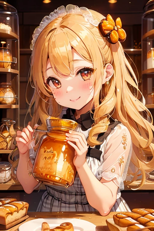 girl,cute,(blonde:1.2),(long hair with curls,:1.2),(With bangs),(Eye size:1.5),(Plaid Dresses:1.3),(A dress with lots of lace:1.35),(Honey garnish:1.4),(🍯:1.5),(A lot of honey dripping:1.4),(Beehive-shaped hair ornament:1.3),(smile:1.15),(Face close-up:1.2),(blush:1.2),(girl in glass bottle:1.4),(Browsing Caution),(Honey Toast:1.3),(A lot of bread is lined up:1.5)