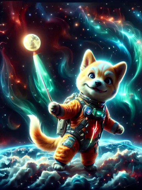 3D photograph of a charming Shiba Inu donned in a spacesuit, grasping a flag in its paw, standing assertive atop the moon's crat...