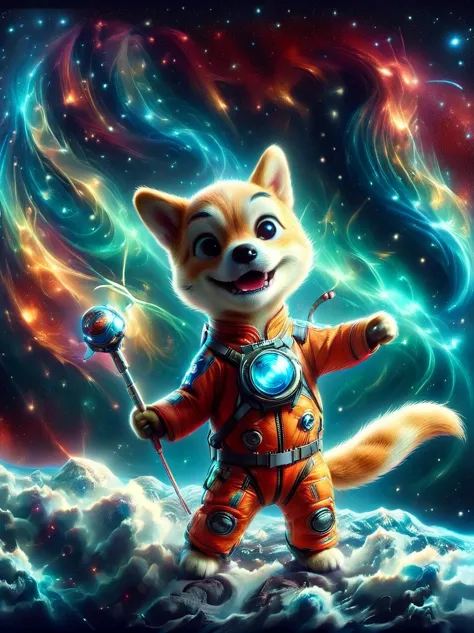 3D photograph of a charming Shiba Inu donned in a spacesuit, grasping a flag in its paw, standing assertive atop the moon's crat...