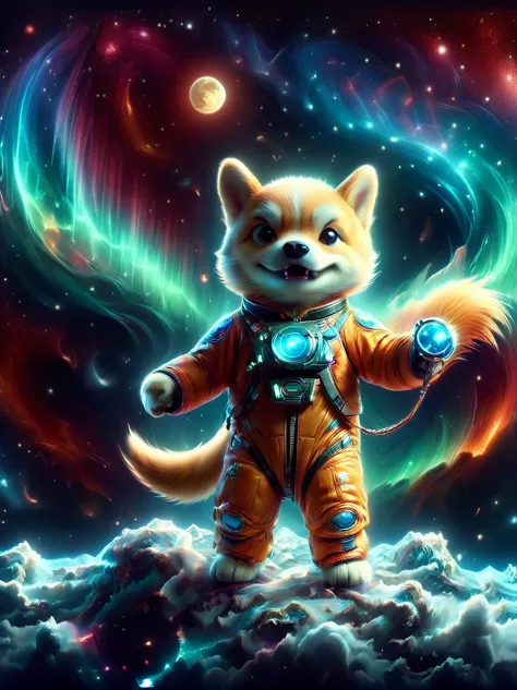 3d photograph of a charming shiba inu donned in a spacesuit, grasping a flag in its paw, standing assertive atop the moon's crat...