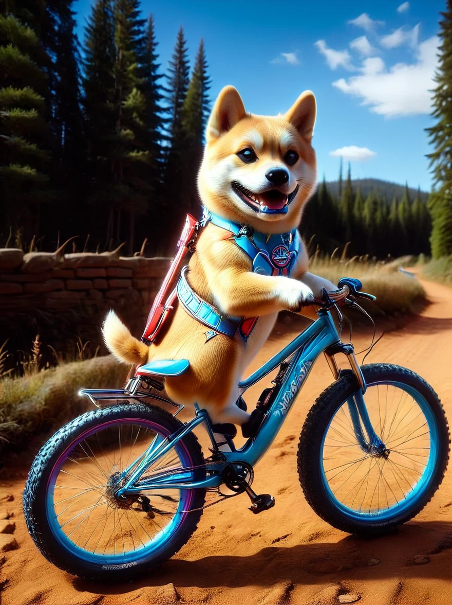 A Shiba Inu dog riding an enduro mountain bike.