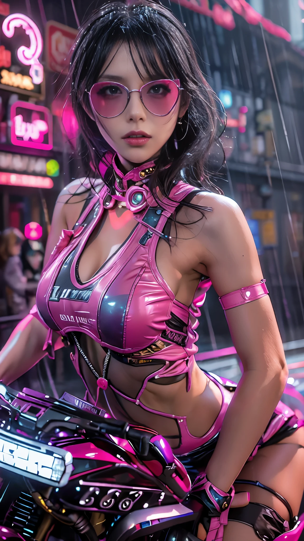(Realistic:1.3, 16k, highest quality, masterpiece, Ultra-high resolution), ((rain, From below)), Perfect dynamic composition:1.2, (Modern futuristic city at night, Expressions of sadness:0.5, Drive a motorcycle:0.5), Highly detailed skin and facial textures:1.2, Young Japanese Woman, Incredibly slim body, Fair skin, Sexy beauty, Very beautiful face, beautifully、aesthetic, (Pink tight skirt, Wear cyberpunk clothes), (Shapely breasts, Chest gap), (Big eyes that exude beautiful eroticism, Lips that exude beautiful eroticism), necklace, Earrings, bracelet, wedding ring, Shoulder bag, clock, sunglasses, motorcycle, Cowboy Shot