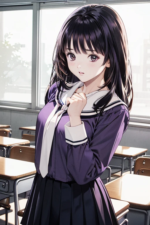 (8K、top-quality、​masterpiece:1.2)、(realisitic、ultra-detailliert、超A high resolution、beautifull detailed face,perfect body,(1girl,black long hair),(school uniform,sailor suit,purple shirts,navy skirt,white tie),cotrappostoin classroom,