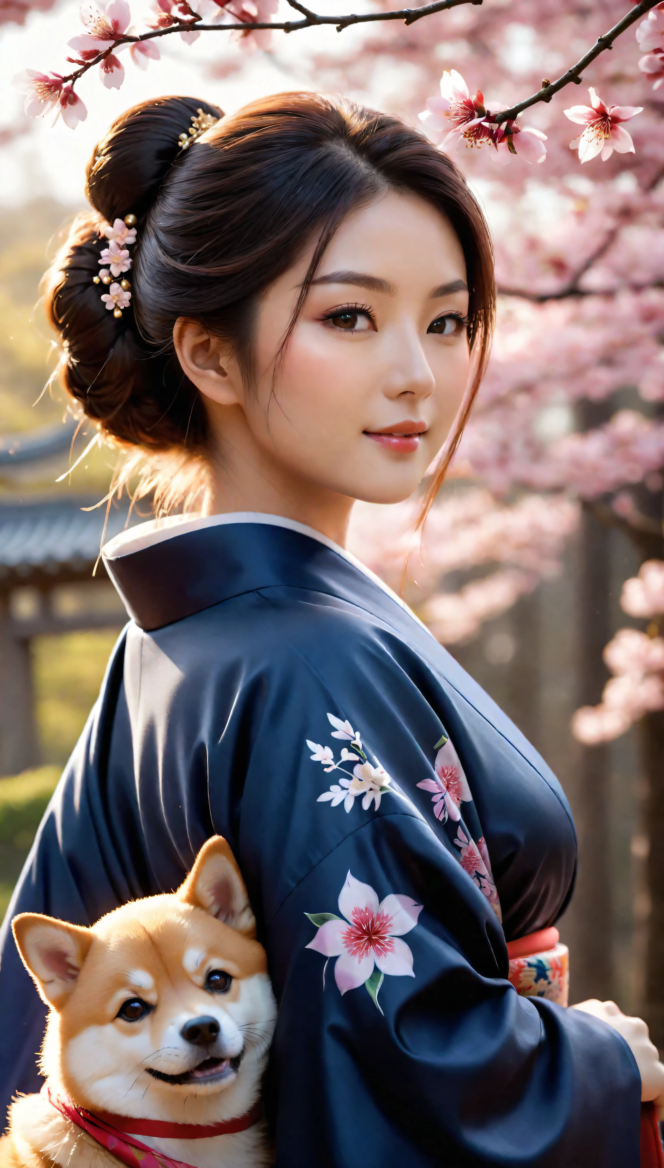 ((Masterpiece in maximum 16K resolution):1.6),((soft_color_photograpy:)1.5), ((Ultra-Detailed):1.4),((Movie-like still images and dynamic angles):1.3). | ((cinematic photo of beautiful Japanese lady in a kimono holding her cute Shiba Inu):1.3), (Beautiful Japanese lady in Kimono), (focus on the Shiba Inu), (macro lens), (Sakura Flowers), (Beautiful Japanese Park), (luminous object), (Happy atmosphere), (shimmer), (visual experience),(Realism), (Realistic),award-winning graphics, dark shot, film grain, extremely detailed, Digital Art, rtx, Unreal Engine, scene concept anti glare effect, All captured with sharp focus. | Rendered in ultra-high definition with UHD and retina quality, this masterpiece ensures anatomical correctness and textured skin with super detail. With a focus on high quality and accuracy, this award-winning portrayal captures every nuance in stunning 16k resolution, immersing viewers in its lifelike depiction. | ((perfect_composition, perfect_design, perfect_layout, perfect_detail, ultra_detailed)), ((enhance_all, fix_everything)), More Detail, Enhance.