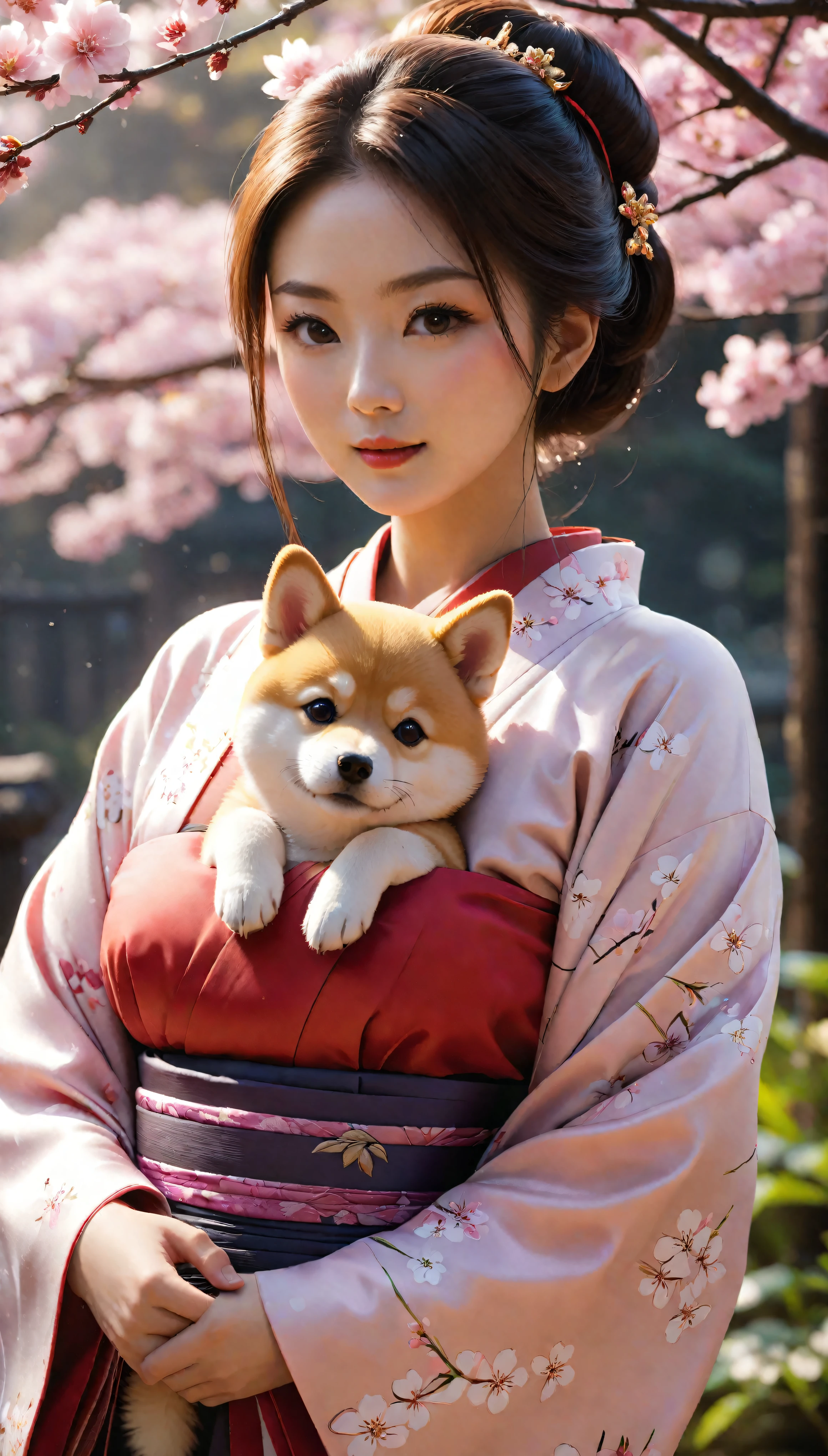 ((Masterpiece in maximum 16K resolution):1.6),((soft_color_photograpy:)1.5), ((Ultra-Detailed):1.4),((Movie-like still images and dynamic angles):1.3). | ((cinematic photo of beautiful Japanese lady in a kimono holding her cute Shiba Inu):1.3), (Beautiful Japanese lady in Kimono), (focus on the Shiba Inu), (macro lens), (Sakura Flowers), (Beautiful Japanese Park), (luminous object), (Happy atmosphere), (shimmer), (visual experience),(Realism), (Realistic),award-winning graphics, dark shot, film grain, extremely detailed, Digital Art, rtx, Unreal Engine, scene concept anti glare effect, All captured with sharp focus. | Rendered in ultra-high definition with UHD and retina quality, this masterpiece ensures anatomical correctness and textured skin with super detail. With a focus on high quality and accuracy, this award-winning portrayal captures every nuance in stunning 16k resolution, immersing viewers in its lifelike depiction. | ((perfect_composition, perfect_design, perfect_layout, perfect_detail, ultra_detailed)), ((enhance_all, fix_everything)), More Detail, Enhance.