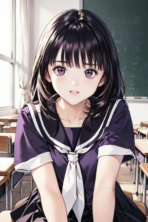(8K、top-quality、​masterpiece:1.2)、(realisitic、ultra-detailliert、超A high resolution、beautifull detailed face,perfect body,(1girl,black long hair),(school uniform,sailor suit,purple shirts,navy skirt,white tie),cotrapposto,in classroom,portrait
