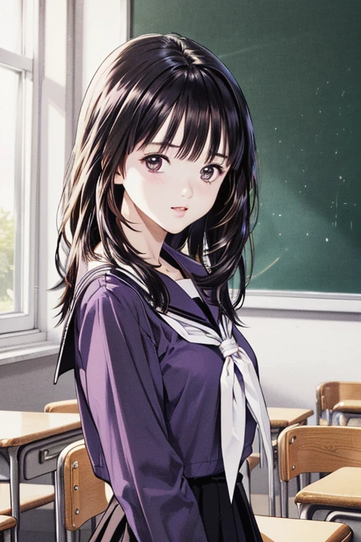 (8K、top-quality、​masterpiece:1.2)、(realisitic、ultra-detailliert、超A high resolution、beautifull detailed face,perfect body,(1girl,black long hair),(school uniform,sailor suit,purple shirts,navy skirt,white tie),cotrapposto,in classroom,portrait
