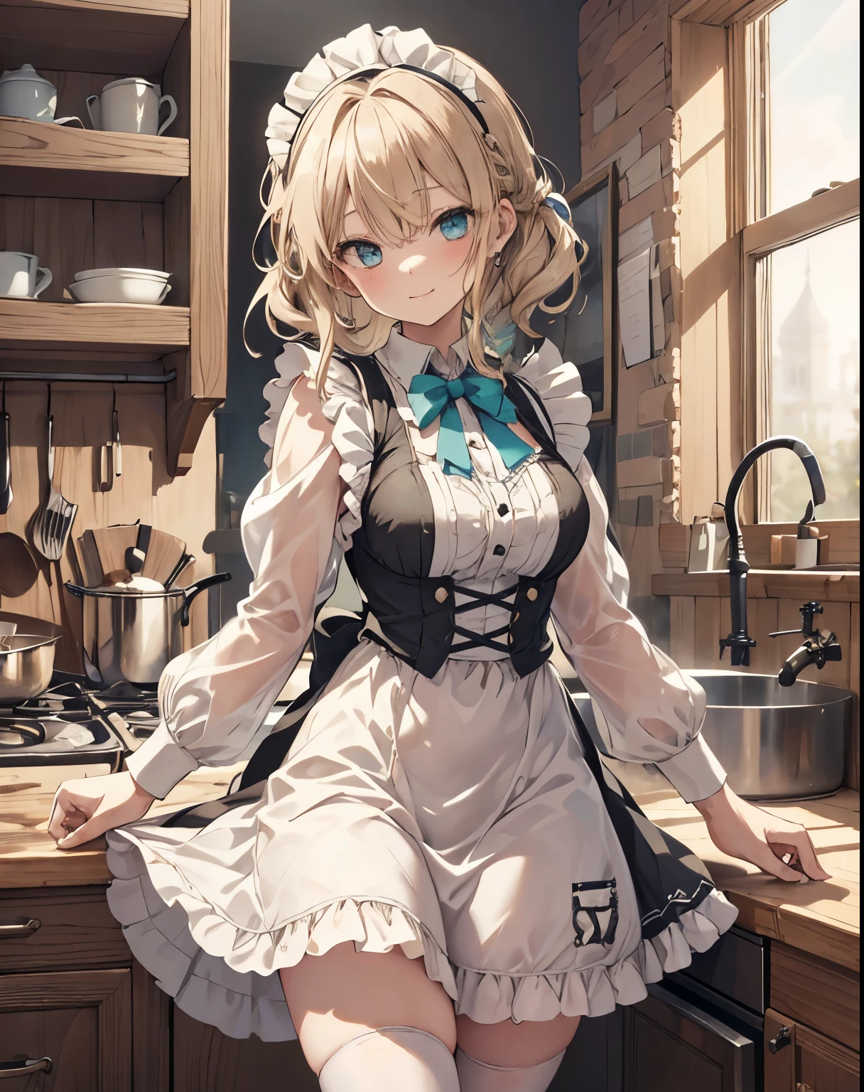 masterpiece, 1girl, sparrow, a blonde haired girl, wearing a maid clothes, curly medium hair, messy hair, slim body, he close her left eye, shirt ornament, aqua eyes, sho show her back, ahoge, black vest, baby face, big breast, beautiful breasts, rounded breasts, braid hair, long sleeves, beautiful eyes, white stocking, droopy eyes, her age is 19 years old, kitchen, victorian dress, maid headband, smile, toki_bluearchive