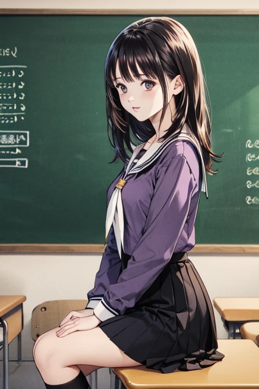 (8K、top-quality、​masterpiece:1.2)、(realisitic、ultra-detailliert、超A high resolution、beautifull detailed face,perfect body,(1girl,black long hair),(school uniform,sailor suit,purple shirts,navy skirt,white tie),sitting on desk,knees to chest,cleavage,in classroom,pov,from side