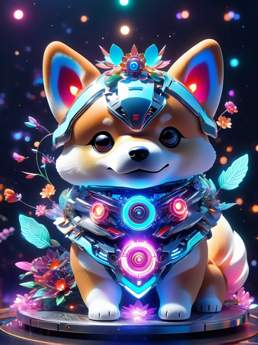 (3D，Mechanical feel，Cute Shiba Inu:1.3), Colorful neon lights, High-tech mechanical parts, Metal body, Detailed vibranium flower design, Vibrant colors, Dynamic glowing flowers, Reflective metal surface, Bright environment, Dynamic poses, Exquisite existence, Skill Improvement, Interlocking mechanical gears, Stylish design, motion blur effect, Metalworking details, Sci-fi atmosphere, Streamlined aerodynamic shape, Laser scanning pattern, Holographic projection, LED light track, beautiful and unforgettable, Advanced sensors, complex algorithm, Sinister and mysterious atmosphere, Electric Spark, Shiny chrome plating, Propulsion systems of the future, Beijing_Gundam, (best quality, 8k, high resolution, masterpiece: 1.2), Ultra Detailed, (whole body:1.8)